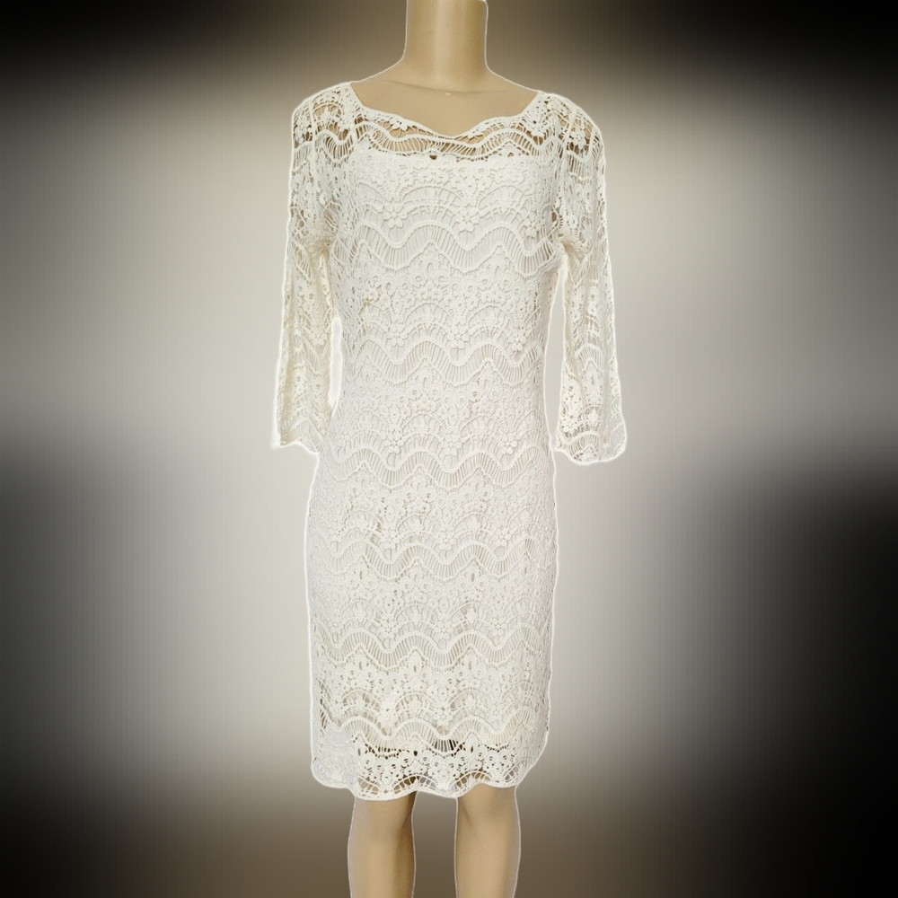 Ralph Lauren 100%Cotton White Crochet Sheath Dress 3/4 Sleeve Crew Neck Lined M - Picture 3 of 16